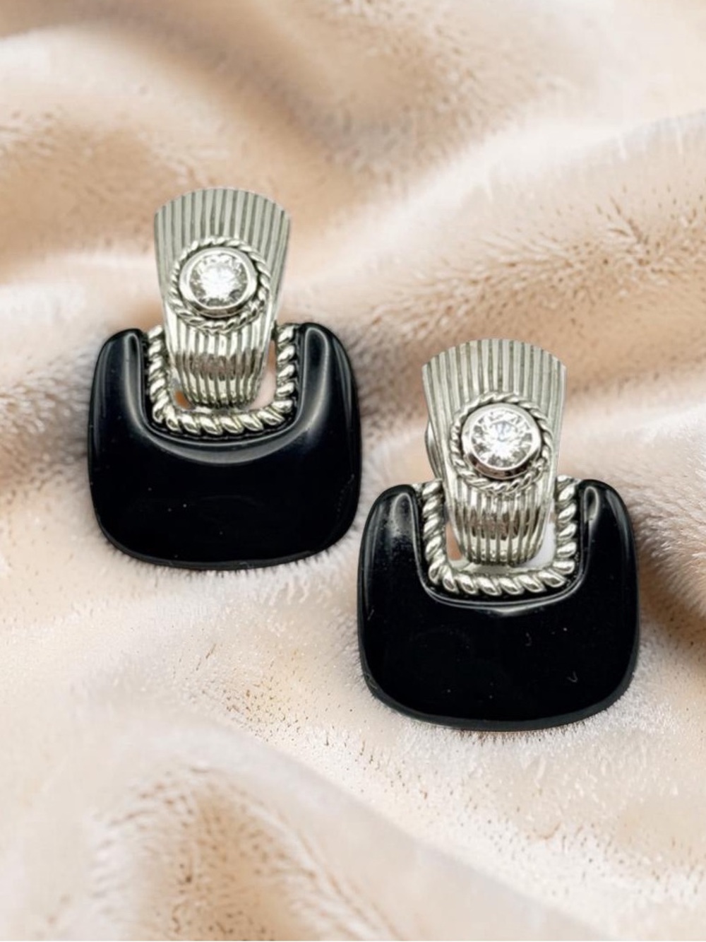 Judith Ripka 925 Sterling Silver Black Onyx CZ Door Knocker Clip-On Earrings